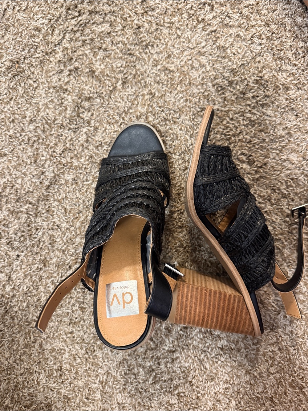 DV by Dolce Vita Black Woven Block Heel Sandals with Ankle Strap